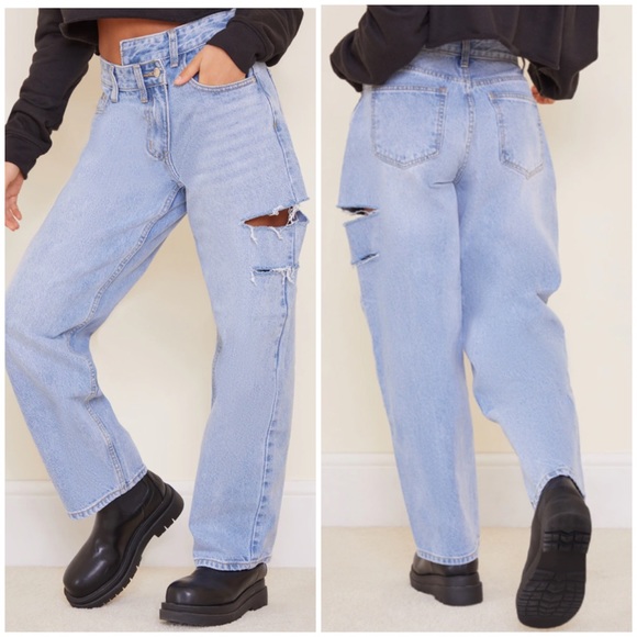PrettyLittleThing Denim - PrettyLittleThing Petite Baggy Jeans Asymmetric Waistband Boyfriend Size 4